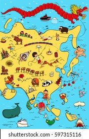 Illustrated Map of Asia. With funny and typical objects, people, activities, animals, plants, history etc. Illustration in eps10 vector, continent on separate layer.