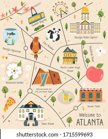 Illustrated map of Atlanta with traditional buildings and symbols. Bright design for tourist posters, banners, leaflets, prints