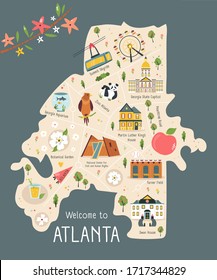 Mapa ilustrado de Atlanta con edificios y símbolos tradicionales. Diseño luminoso para carteles turísticos, pancartas, panfletos, impresiones