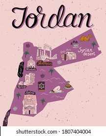 Mapa ilustrado de las atracciones de Jordania. Cultura y color nacional del país