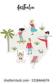 Illustrated Map of Australia with fun hand drawn characters, plants and elements. Cartoon color vector illustration.