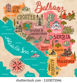 Illustrated Map Of Balkans. Travel And Attractions