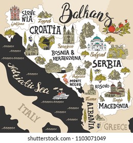 Illustrierte Karte des Balkans. Reisen und Attraktionen