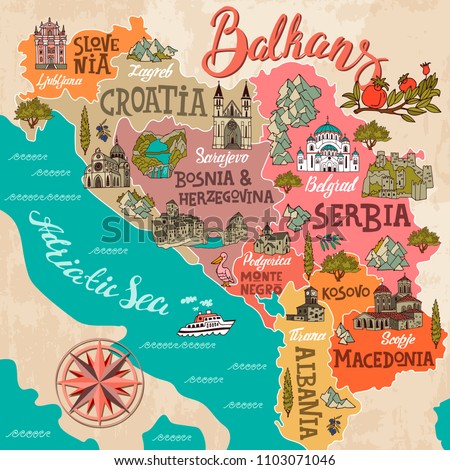 Illustrated map of Balkans. Travel and attractions