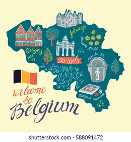 Illustrated map of Belgium. Attractions and national symbols of the country