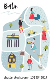 Illustrated Map of Berlin with cute and fun hand drawn characters, plants and elements. Color vector illustration.