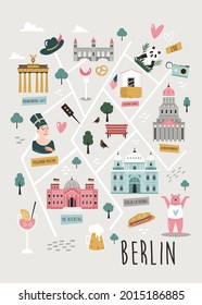 Illustrated map of Berlin with famous symbols, landmarks, buildings. Vector design for tourist books, posters, placards, leaflets, books, souvenirs.