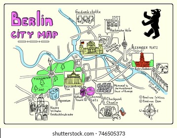 Illustrated map of Berlin, Germany. Doodle sketch map. Illustrations of attractions. Vector color illustration with various symbols of Germany. Travel and leisure. Design for banner, poster or print.