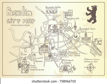 Illustrated Map Of Berlin, Germany. Doodle Sketch Map. Illustrations Of Attractions. Vector Illustration With Various Symbols Of Berlin. Travel And Leisure. Design For Banner, Poster Or Print. Vintage