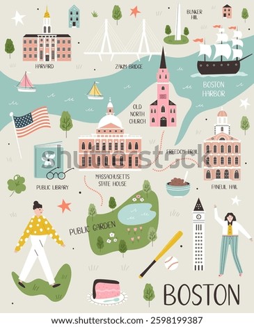 Illustrated map of Boston, Massachusetts, USA with landmarks and symbols. Vector cartoon design for frame arts, posters, prints