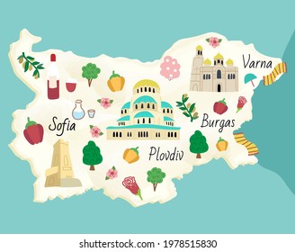 Illustrated map of Bulgaria. Famous landmarks temple, cathedral, rose , rakia and monument Shipka.
Vector colored educational illustration