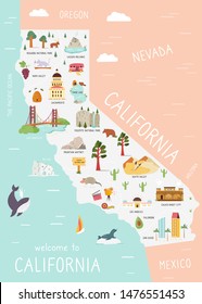Illustrated map of California with monuments, fauna, flora. American state with symbols, cities and destinations. Bright design, banner, poster