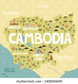 Illustrated map of Cambodia with cities and landmarks. Editable vector illustration