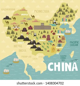 Illustrated map of China with cities and landmarks. Editable vector illustration