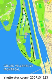 An illustrated map of the Circuit Gilles Villeneuve in Montréal. Origninall called Île Notre-Dame Circuit, it has hosted the Canadian Grand Prix since 1978.