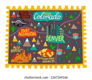 Illustrated map of  Colorado, USA. Travel and attractions.  Cartoon map