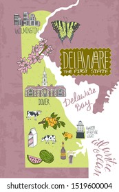 Illustrated map of Delaware state, USA. Travel and attractions