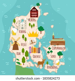 Illustrated map of Denmark. Cartoon map with travel illustration. Famous landmarks, buildings, food and plants. Funny tourist infographics. National symbols. attractions. Vector illustration