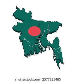 Illustrated map depicting Bangladesh with its geographical borders and national flag creatively blended, emphasizing cultural identity and country representation.