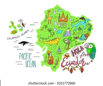 Illustrated map of Ecuador and Galapagos islands. Vector illustration with all main tourist attraction of the country. Hola from Ecuador - Hello from Ecuador.
