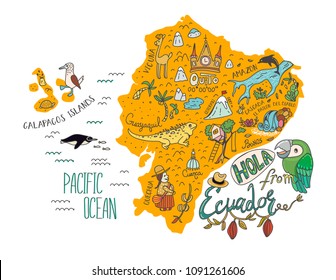 Illustrated map of Ecuador and Galapagos islands. Vector illustration with all main tourist attraction of the country. Hola from Ecuador - Hello from Ecuador.
