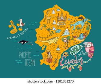 Illustrated map of Ecuador and Galapagos islands. Vector illustration with all main tourist attraction of the country. Hola from Ecuador - Hello from Ecuador.
