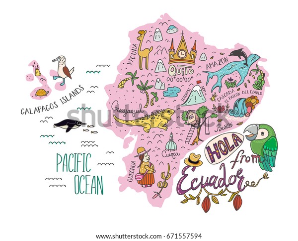 エクアドルとガラパゴス諸島の図 その国の主な観光資源を持つベクターイラスト エクアドルのhola エクアドルのhello のベクター画像素材 ロイヤリティフリー