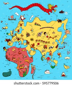 Illustrated Map of Europe, Asia and Africa. With funny and typical objects, people, activities, animals, plants, history etc. Illustration in eps10 vector, continents on separate layer.