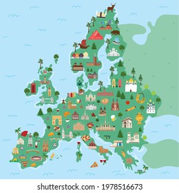 Illustrated Map Europe Continent Famous Landmarks Stock Vector (Royalty ...