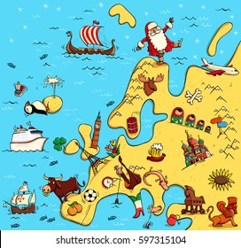 Illustrated Map of Europe. With funny and typical objects, people, activities, animals, plants, history etc. Illustration in eps10 vector, continent on separate layer.