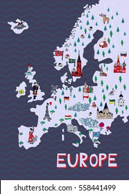 Illustrated map of Europe. Travel and attractions.