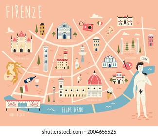 Illustrated map of Florence with famous symbols, landmarks, buildings. Vector design for tourist books, posters, placards, leaflets, books, souvenirs.