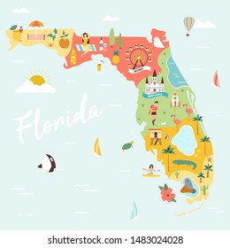 Illustrated map of Florida with monuments, fauna, flora. American state with symbols, cities and destinations. Bright design, banner, poster