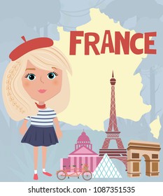 Illustrated map of France and girl in national costume. Editable vector illustration