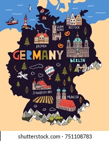 Illustrated map of Germany. Travel and attractions