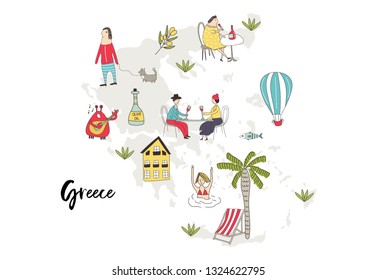 Illustrated Map of Greece with cute and fun hand drawn characters, plants and elements. Color vector illustration.