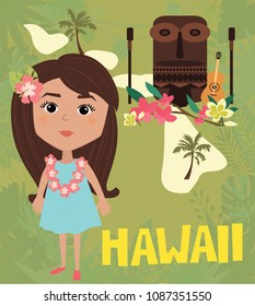 Illustrated map of Hawaii and girl in national costume. Editable vector illustration