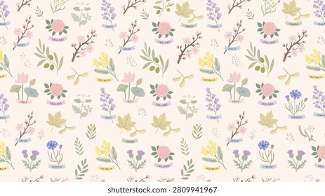 Illustrated map highlighting Japan and Australia with tropical plants and flowers in pastel colors