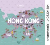 Illustrated map of Hong Kong with cities and landmarks. Editable vector illustration