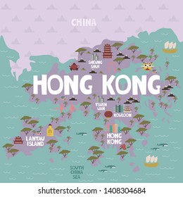 Illustrated map of Hong Kong with cities and landmarks. Editable vector illustration