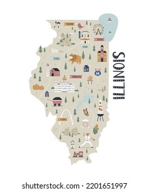 Illustrated map of Illinois state with landmarks and symbols.