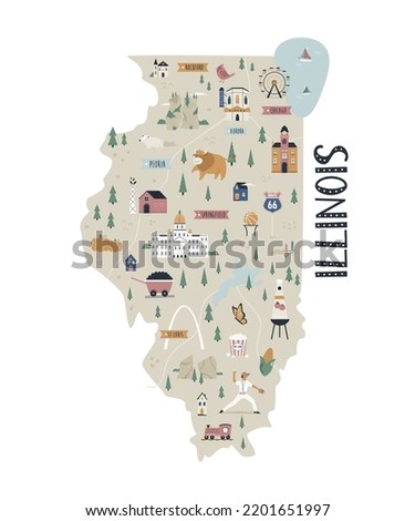 Illustrated map of Illinois state with landmarks and symbols.