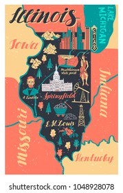 Illustrated map of Illinois. Travel and attractions