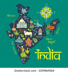 Illustrated  Map Of India. Travel And Attractions.