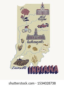 Illustrated map of  Indiana state, USA. Travel and attractions