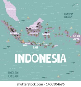 Illustrated map of Indonesia with cities and landmarks. Editable vector illustration