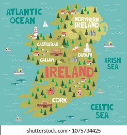 Illustrated map of Ireland with nature and landmarks. Editable vector illustration