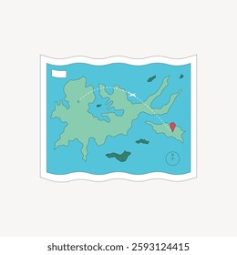 Illustrated map with islands, ocean, and a flight path. Map features a red location pin and a plane icon. Simple, colorful map design with travel theme. Vector illustration.