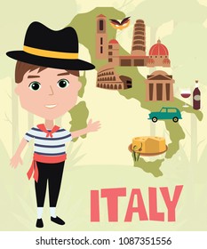 Illustrated map of Italy and boy in national costume. Editable vector illustration