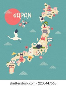 Illustrated map of Japan with famous symbols and landmarks. Suitable for posters, books, frame arts, wall designs